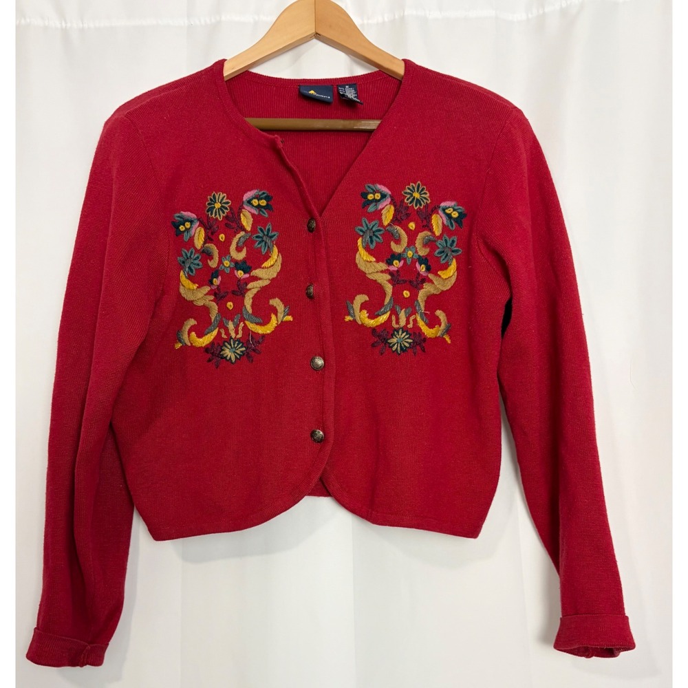 Lizsport Vintage Red Boho Embroidered Floral Cardigan Sweater Cotton Womens M